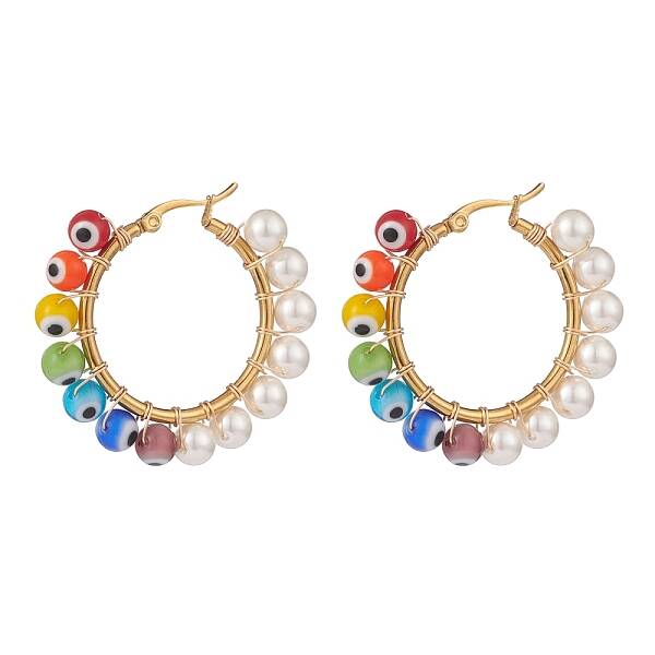 Shell Pearl & Evil Eye Lampwork Beaded Hoop Earrings