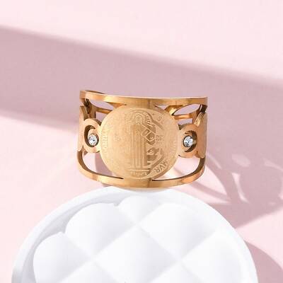 304 Stainless Steel Rhinestone Saint Benedict Open Cuff Rings