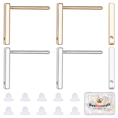 Beebeecraft 40Pcs 2 Colors Stud Earring with Loop 18K Gold & Platinum Plated Rectangle Earring Posts with Ear Nut for DIY Ear...