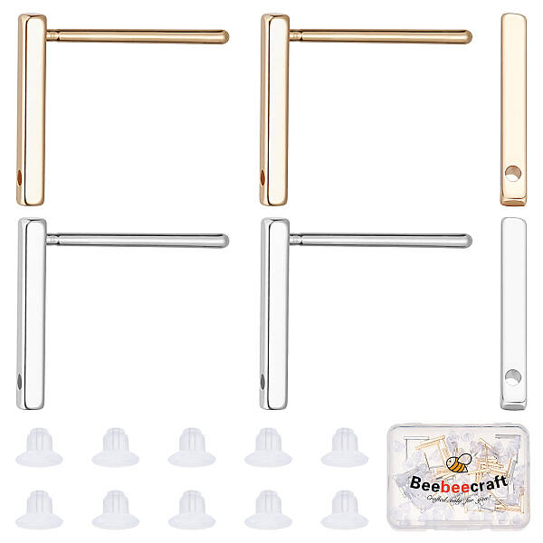 Beebeecraft 40Pcs 2 Colors Stud Earring with Loop 18K Gold & Platinum Plated Rectangle Earring Posts with Ear Nut for DIY Ear...