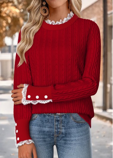 Modlily Red Tummy Coverage Long Sleeve Round Neck Sweater - L