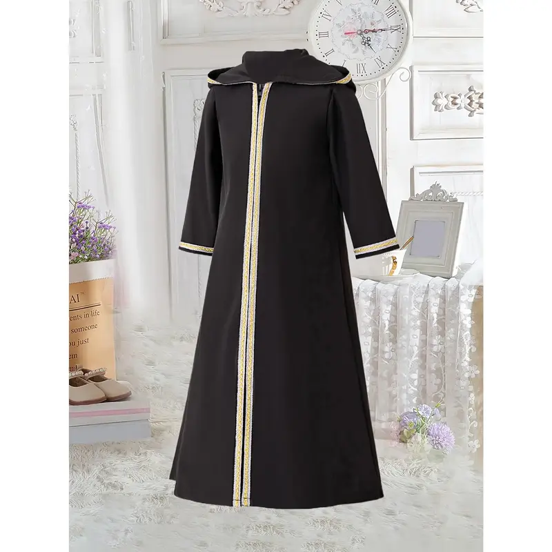 New Girls' Black Hooded Festival Carnival Party Performance Dress Middle East Muslim Youngsters's Ramadan Long Sleeve Robe, G...