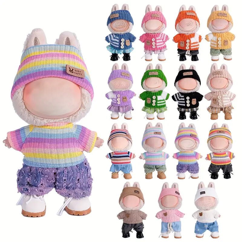 6.69inch Labubu Doll Clothes Set with 3, Stylish Fisherman Hat, Sweaters, Pants or Skirt for Bulabu Dolls, Perfect Accessorie...