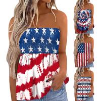 Independence Day Womens 4th of July Bandeau Flag Stars and Stripes Print Off Shoulder Boat Neck Tank Top No Pleats Shirt