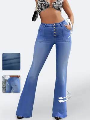 【 Plus Size】 Button Flare Leg Vintage Denim Flared Jeans, Casual Chic Basic Pocket Bell Bottoms Trousers for Women, Plain...