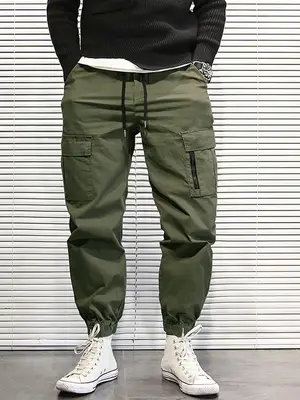 Men's Loose Drawstring Waist Cargo Pants With Multi Pockets, Zipper Jogger Trousers for Street Activities, Streetwear Outfit,...