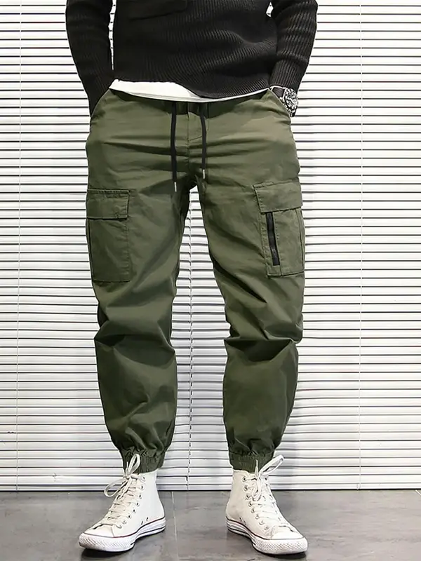 Men's Loose Drawstring Waist Cargo Pants With Multi Pockets, Zipper Jogger Trousers for Street Activities, Streetwear Outfit,...