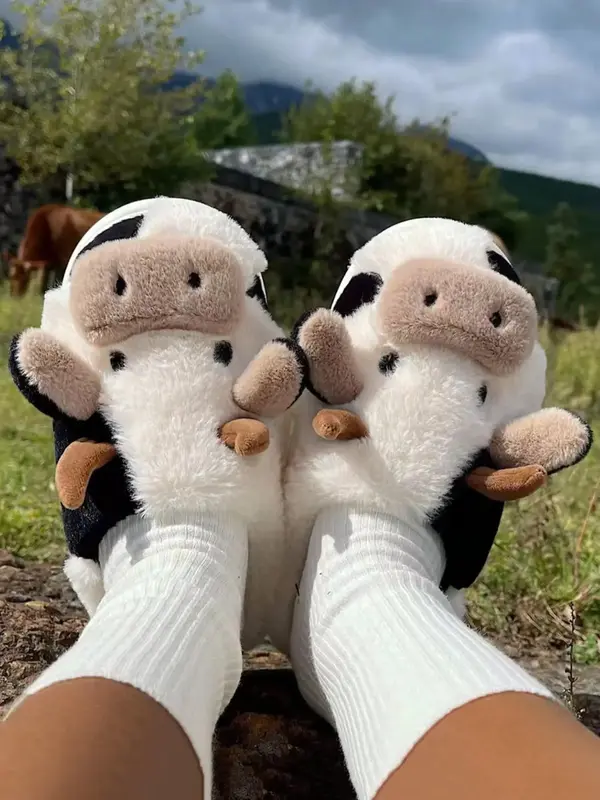 Women's Cute Cozy Fuzzy Plush Cow Slippers, Matching Soft Comfortable Fluffy House Slippers, Warm Slippers for Indoor & Outdo...