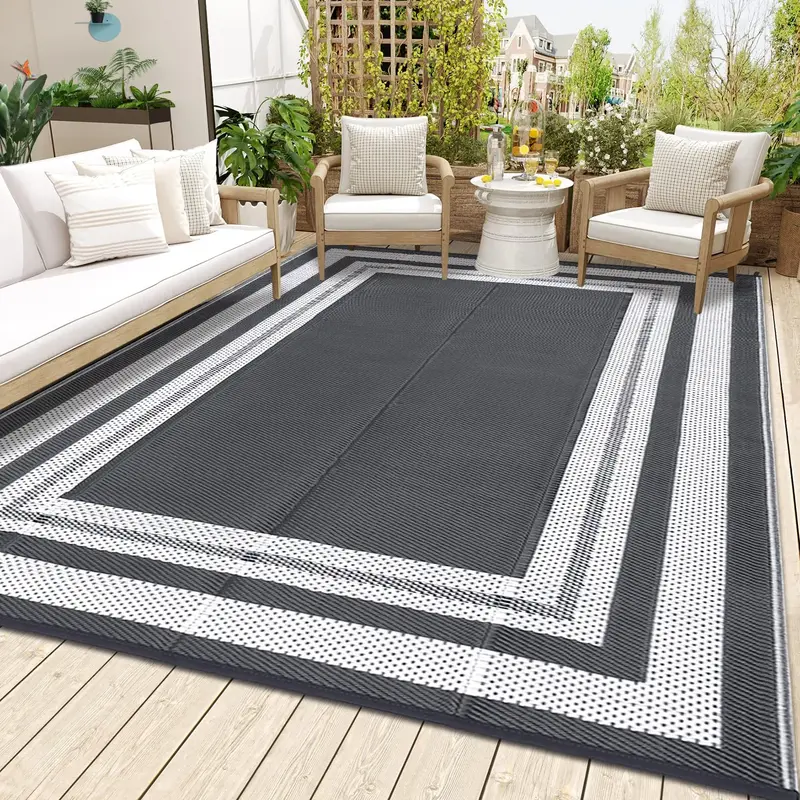 Garvee Outdoor Grey & White 8x10 Plastic Straw Rug, Waterproof Outdoor Rug for Patio Reversible Plastic Camping Rugs Straw Pa...