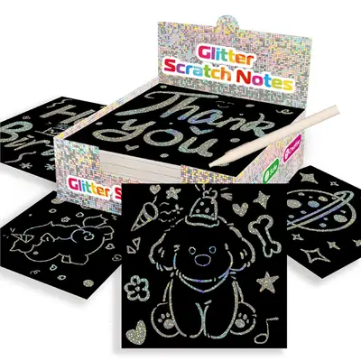 Glitter Scratch Art Paper Set, 1set Including 100pcs Magic Scratch Note Cards & 2 Counts Wooden Styluses & 1 Count Storage Bo...