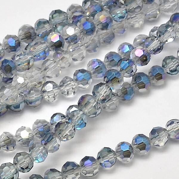 Faceted(32 Facets) Round Half Rainbow Plated Electroplate Glass Beads Strands