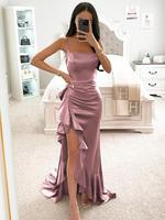 Women's Plain Ruffle Trim Cami Dress, Elegant Formal Sexy Sleeveless Split Hem Evening Party Gown, Ladies Summer Clothes, For...