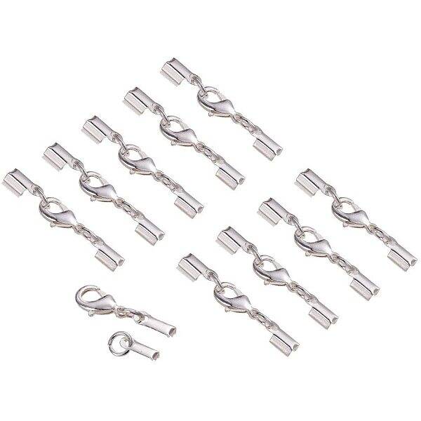 20 Sets Silver Color Brass Lobster Claw Clasps Fold Over Cord End Caps Terminators Crimp End Tips for Jewelry Making