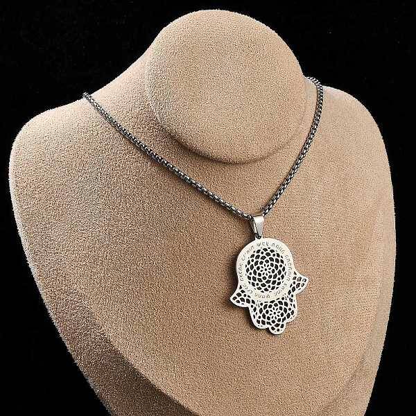 304 Stainless Steel Hollow Religion Hamsa Hand Pendant Necklaces