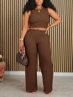 Two-Piece Set Women's Solid Color Pants Set, Casual Sleeveless Crop Tank Top & Elastic Waist Wide Leg Pants, Summer Clothes W...