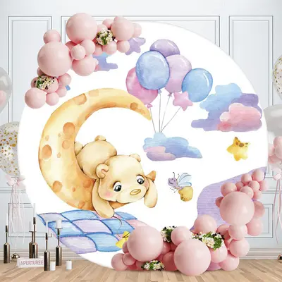 Aperturee Ballons And Moon Bear Round Baby Shower Backdrop