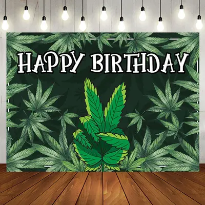 Black Green Cannabis Leaves Happy Birthday Backdrop - Aperturee