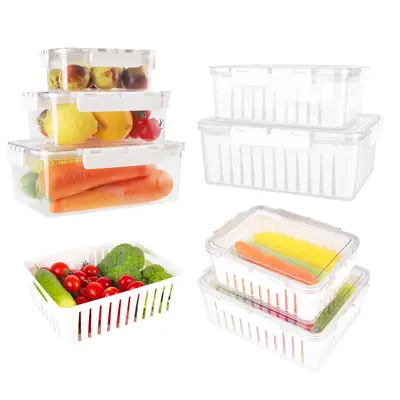 4 PCS Large Fruit Containers for Fridge - Leakproof Food Storage Containers with Removable Colander -  Produce Containers Kee...