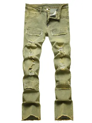 Men's Flap Detail Button Ripped Jeans, Regular Fit Casual Pocket Zipper Raw Hem Denim Pants, Fashion Men's Bottoms for All Se...