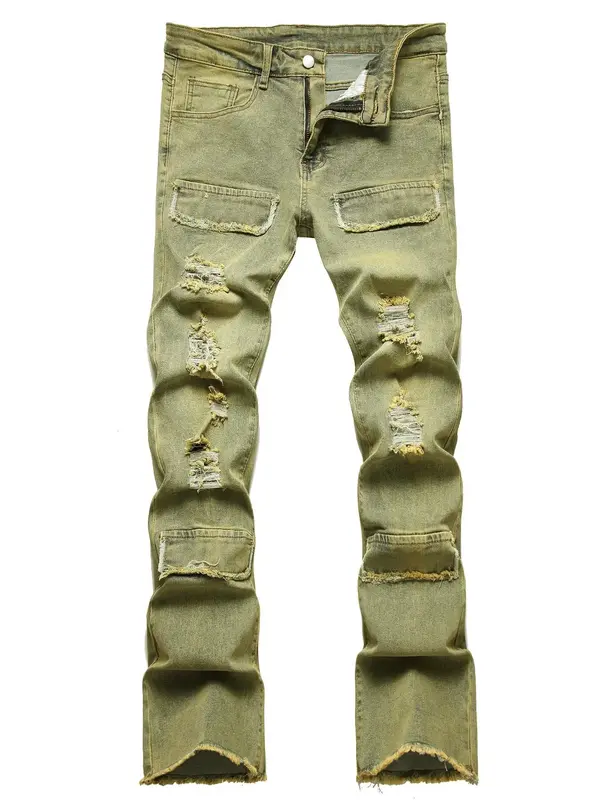 Men's Flap Detail Button Ripped Jeans, Regular Fit Casual Pocket Zipper Raw Hem Denim Pants, Fashion Men's Bottoms for All Se...