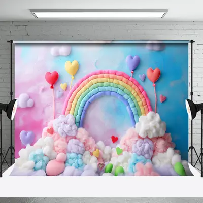 Colorful Rainbow Plush Ball Heart Cake Smash Backdrop