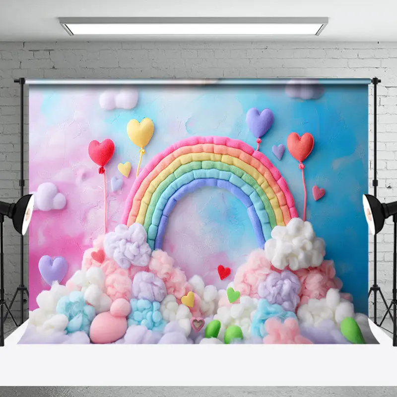 Colorful Rainbow Plush Ball Heart Cake Smash Backdrop