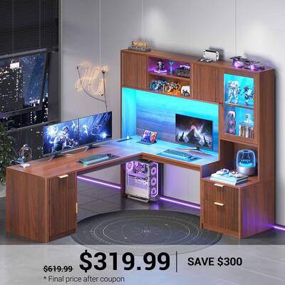 SEDETA ® 67 Inch Fluted L Shaped Computer Desk Gaming Desk with RGB LED Glass Display Cabinet File Drawer Storage Cabinet Hu...