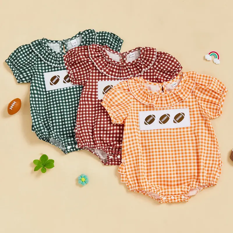 Newborn Baby Girl Plaid Romper Summer Rugby Embroidery Round Neck Short Sleeve Bubble Ruffle Jumpsuit