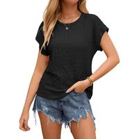 Dokotoo Tops for Women Trendy Summer Casual Cap Short Sleeve Basic Textured Solid Color Round Neck T Shirts Blouse
