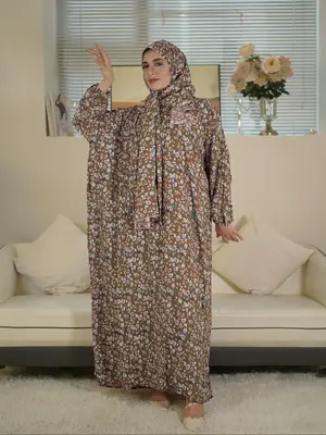 Women's Ditsy Floral Print Long Lantern Sleeve Maxi Prayer Dress with Hijab, Modest Comfort Islamic Clothing for Daily Wear, ...