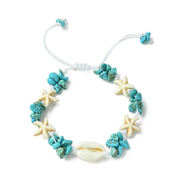 Synthetic Turquoise Starfish & Natural Shell Braided Bead Bracelets