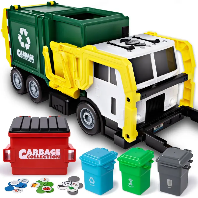 2025 Toys for Kids Extra Large Garbage Truck Toy Set With Sound And Light, Includes Dumpster, Trash Bins, and Learning Cards,...