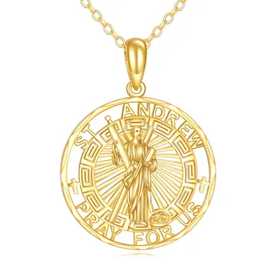 14K Gold Saint Andrew Pendant Necklace with Engraved Word