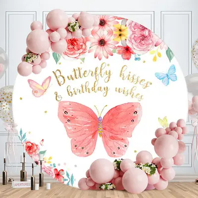 Aperturee Red Butterfly And Floral Round Birthday Party Backdrop