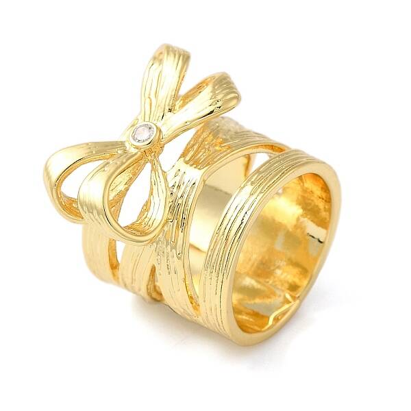 Brass Micro Pave Cubic Zirconia Bowknot Open Cuff Wide Rings for Women