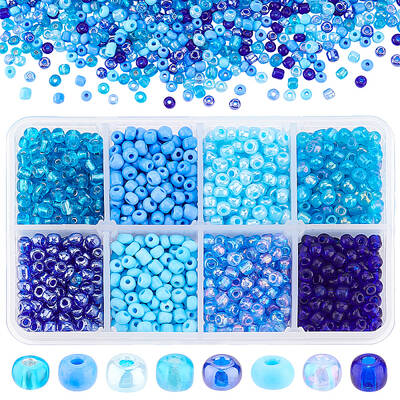About 1900pcs 6/0 Round Glass Seed Beads with Box Set Value Pack Jewelry Making Findings Diameter 4mm Blue