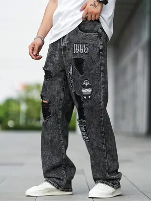 Men's Ripped Straight Leg Jeans, Casual Comfy Denim Trousers for Daily Wear, Fashion Men's Bottoms for All Seasons