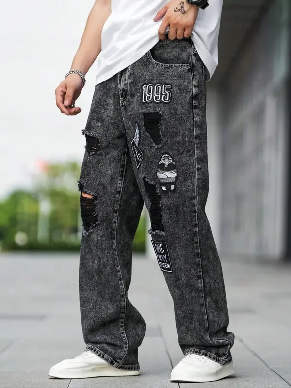 Men's Ripped Straight Leg Jeans, Casual Comfy Denim Trousers for Daily Wear, Fashion Men's Bottoms for All Seasons