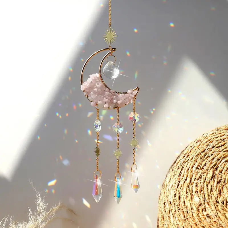 Room Decor Boho Moon Shaped Hanging Sun Catcher, Sweet Furniture, 1 Count Modern Trendy Hanging Window Ornament, Summer Essen...