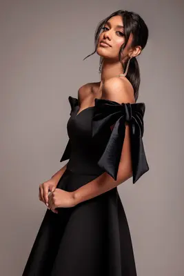 Goddiva Scuba Off The Shoulder Velvet Bow Skater Midi Dress - Black