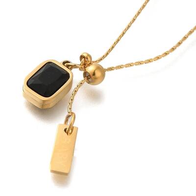 Ion Plating(IP) 304 Stainless Steel Pave Glass Boston Link Chain Rectangle Pendant Necklaces