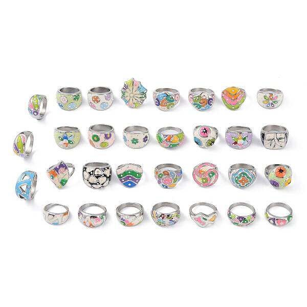 304 Stainless Steel Enamel Wide Finger Rings for Women