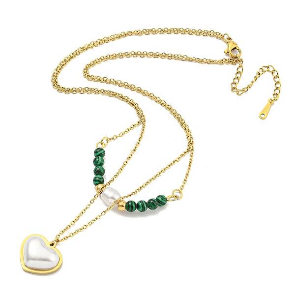 Ion Plating(IP) 201 Stainless Steel & Synthetic Malachite Double Layer Necklaces