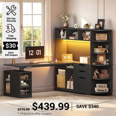 SEDETA ® 59 Inch L Shaped Standing Desk with 3 Drawers LED Light and Bookshelves Office Stand Up Corner Desk with Hutch Open...