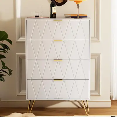UEV 4 Drawer Dresser White with Gold Handles, Drawer Chest Tall Storage Dresser Cabinet Organizer Unit with Gold Metal Legs f...