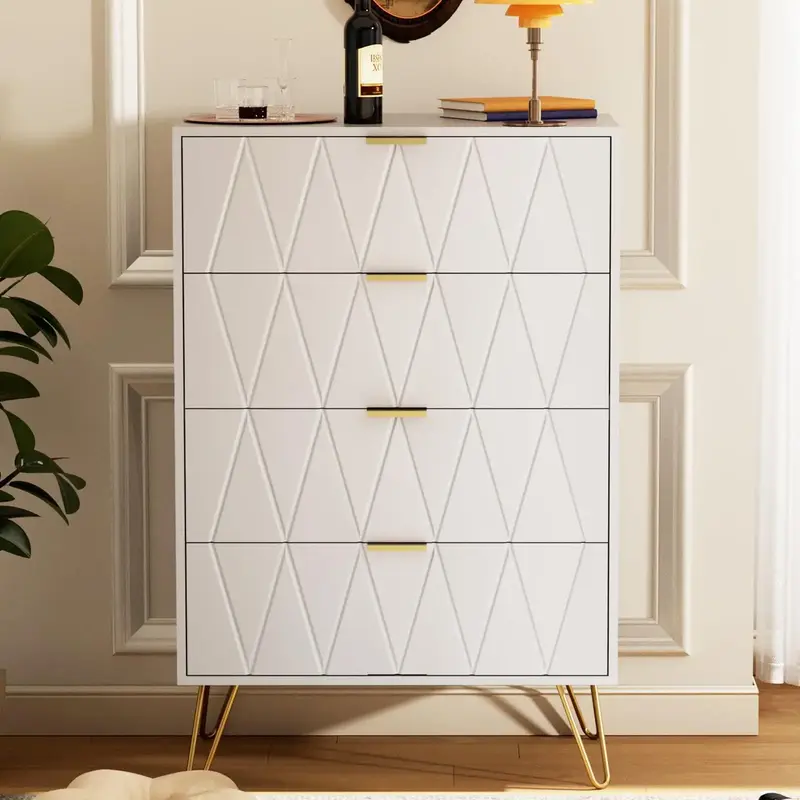 UEV 4 Drawer Dresser White with Gold Handles, Drawer Chest Tall Storage Dresser Cabinet Organizer Unit with Gold Metal Legs f...