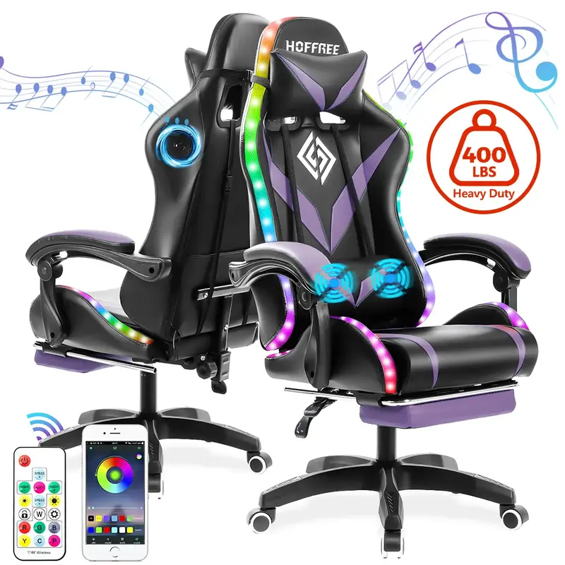 Gaming Chair with Bluetooth Speakers and RGB LED Lights Ergonomic Massage Computer Gaming Chair with Footrest Video Game Chai...