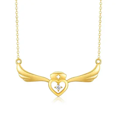 14K Gold Cubic Zirconia Angel Wing & Heart Necklace for Women