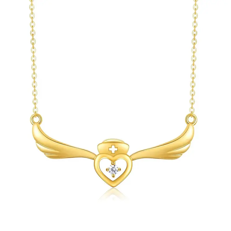 14K Gold Cubic Zirconia Angel Wing & Heart Necklace for Women