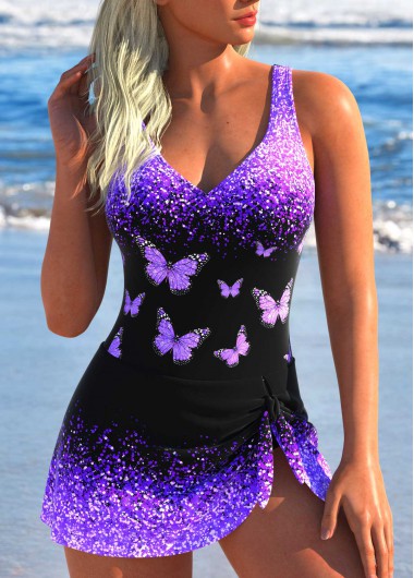Modlily Twist Ombre Purple One Piece Swimdress - XXL